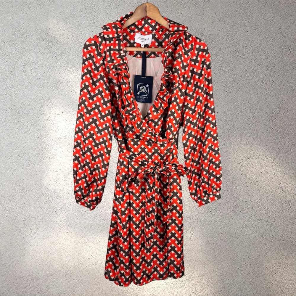 Elizabeth McKay Scotland Silk Chiffon Ruffle Collar Belted Wrap Dress Sz 8 NWT